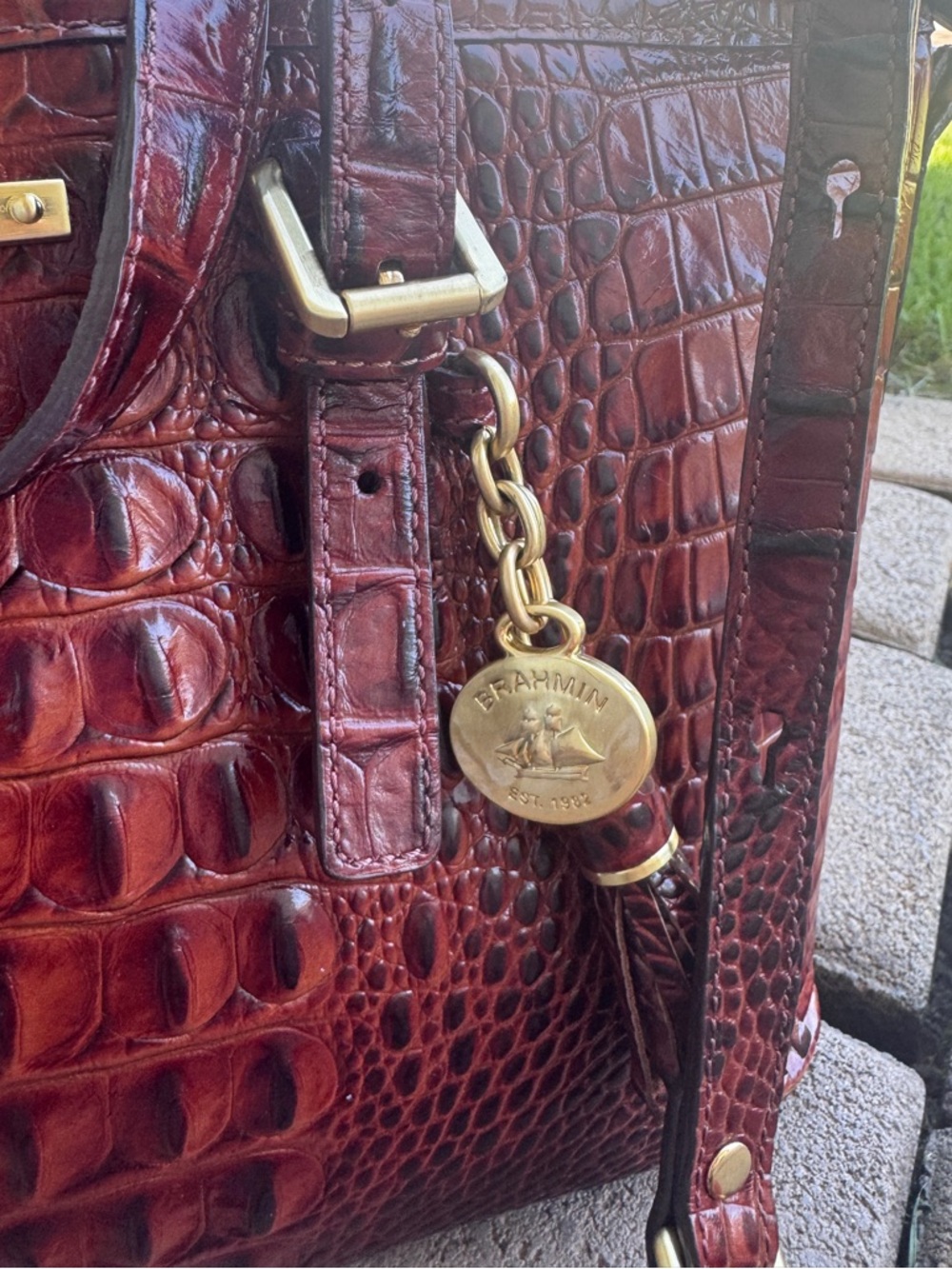 Brahmin Mini Asher Melbourne Embossed Leather Satchel - Pecan/Gold EUC - Picture 3 of 13